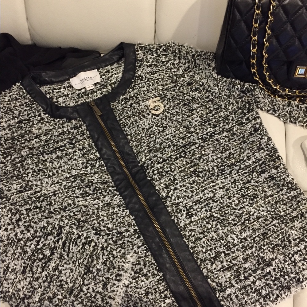 Christos Garkinos Tweed Faux Leather sweater L HSN - Picture 1 of 5